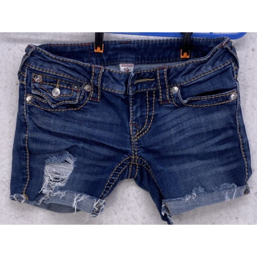 True Religion Womens Denim Shorts Size 25 Low Rise Distressed Cut Off Jean Short
